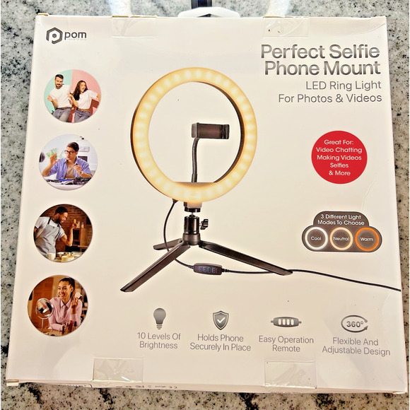 PERFECT SELFIE PHONE MOUNT LED RING LIGHT, PHOTOS, VIDEOS, ADJUSTABLE - Picture 1 of 2
